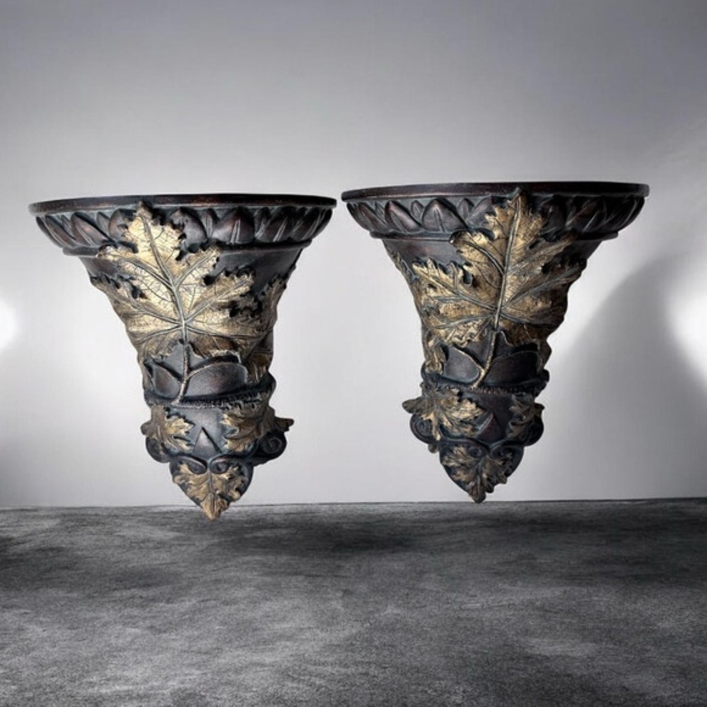 Antique Style Leaf Embossed wall shelf Pair - Gold & Brown
